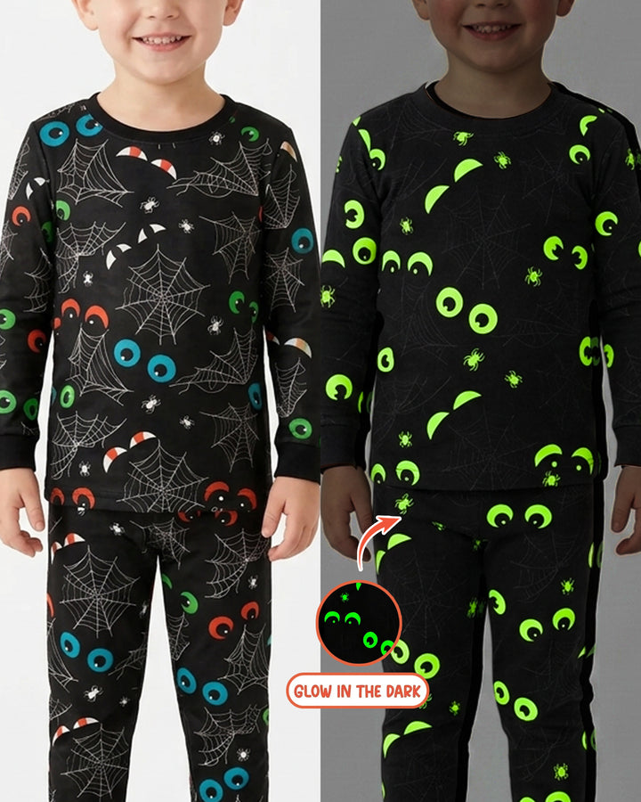 Glow In The Dark Creepy Spiderweb Bamboo Two Piece Long Sleeve Pajama Set