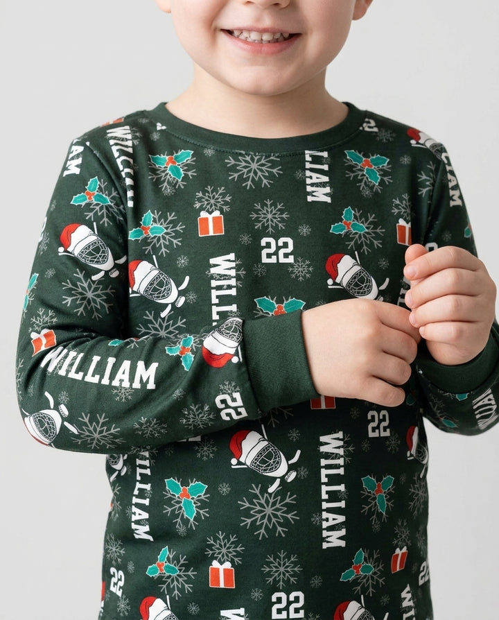 Custom Name Hockey Holiday Bamboo Two Piece Long Sleeve Pajama Set