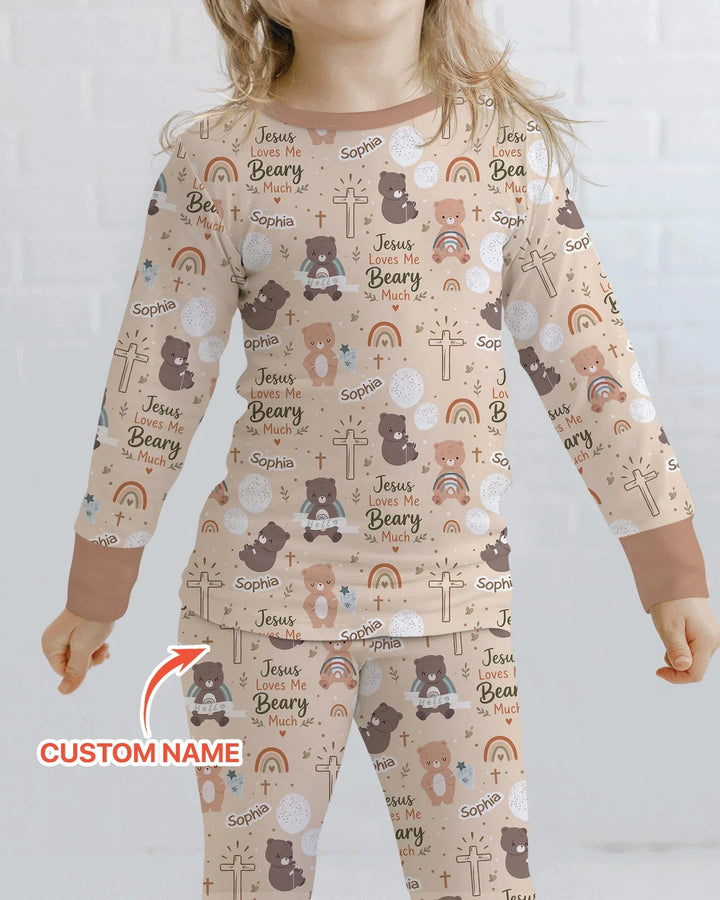 Custom Name Jesus Loves Me Beary Much Bamboo Two Piece Long Sleeve Pajama Set