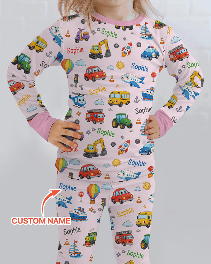 Custom Name Cute Transport Bamboo Two Piece Long Sleeve Pajama Set