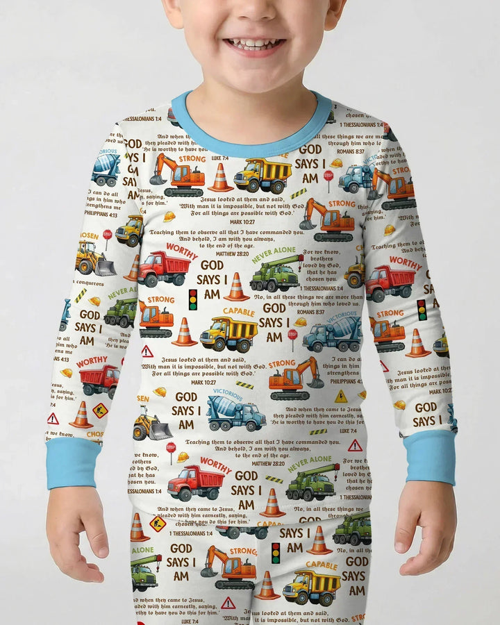 Bible Verse Construction Trucks Bamboo Two Piece Long Sleeve Pajama Set