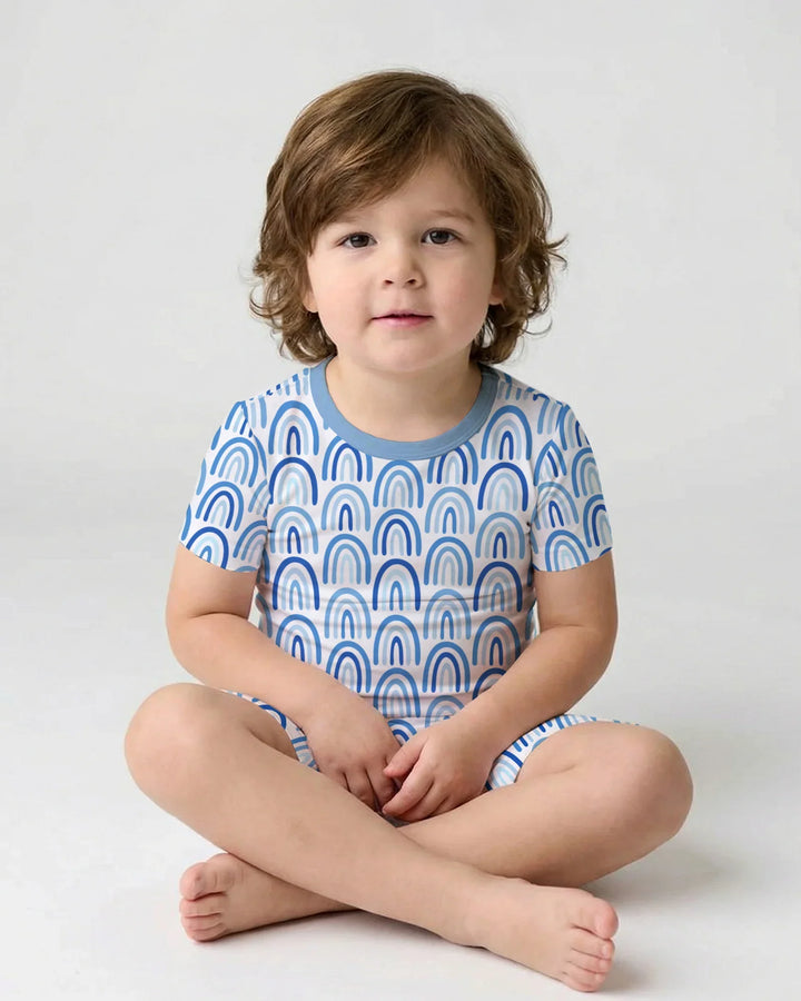 Sky Blue Rainbows Bamboo Two Piece Short Sleeve Shorts Pajama Set
