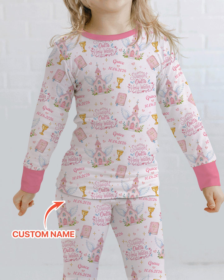 Custom Name Baptism Christening Straight Outta Holy Water Bamboo Two Piece Long Sleeve Pajama Set
