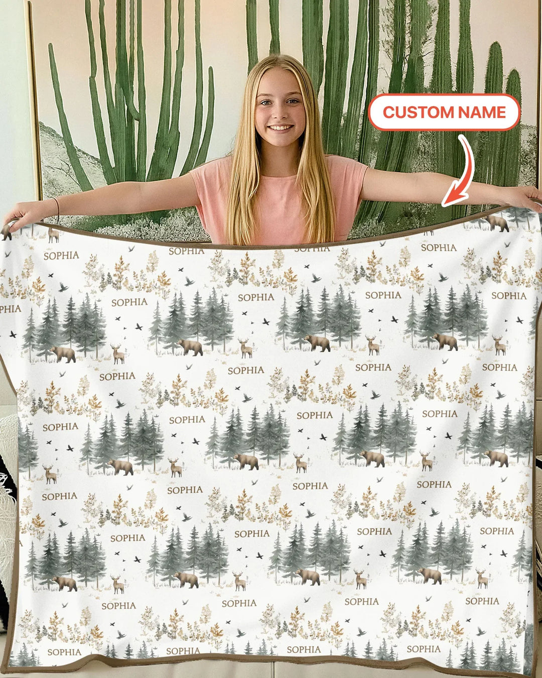 Custom Name Forest Bear Deer Bamboo Blanket