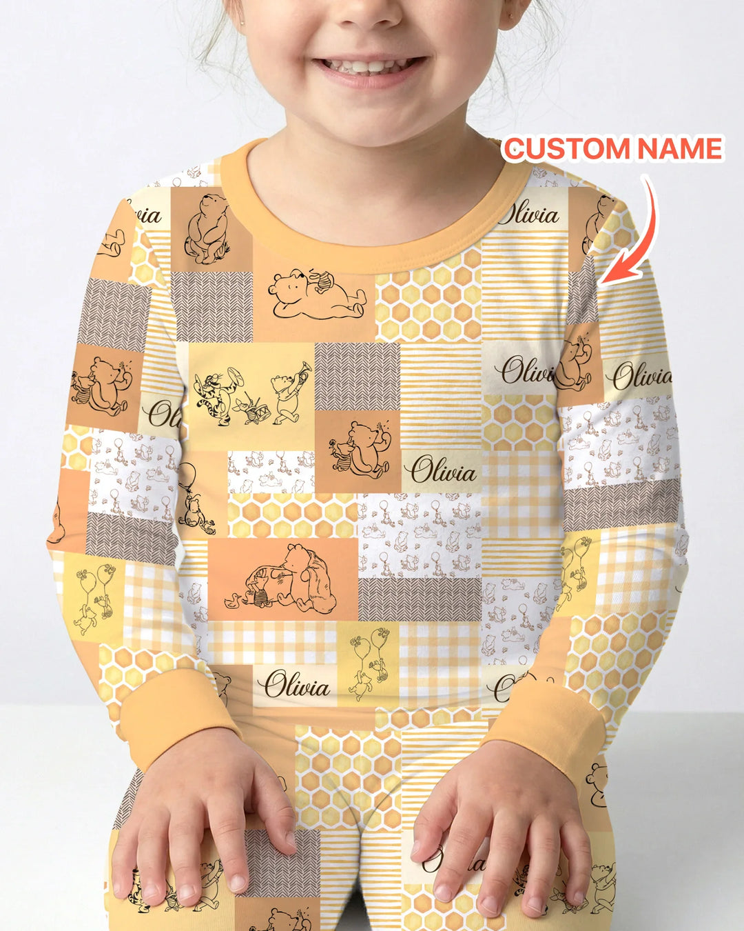 Personalized Classic Bear Patchwork  Bamboo Two Piece Long Sleeve Pajama Set