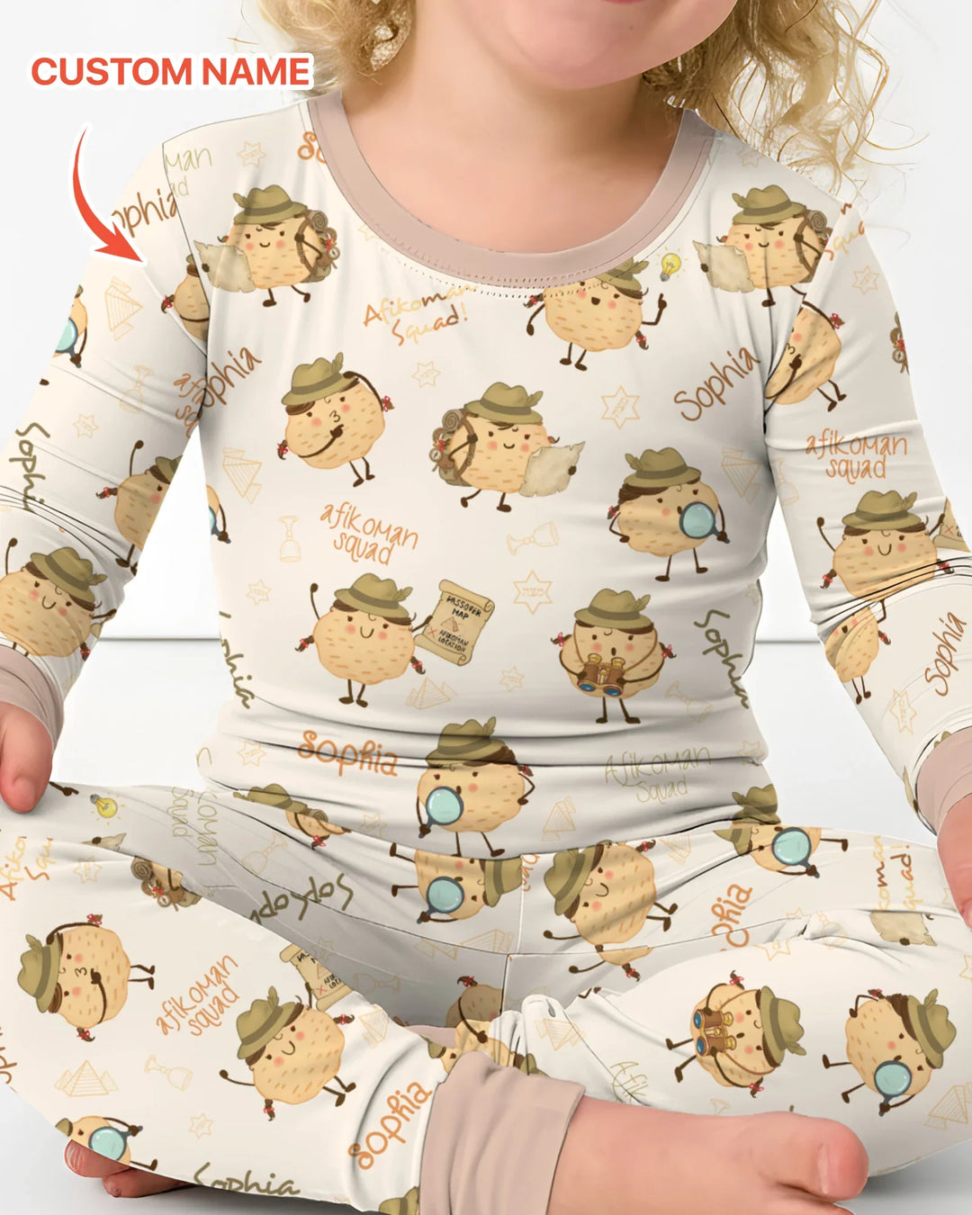 Custom Name Passover Afikoman Bamboo Two Piece Long Sleeve Pajama Set