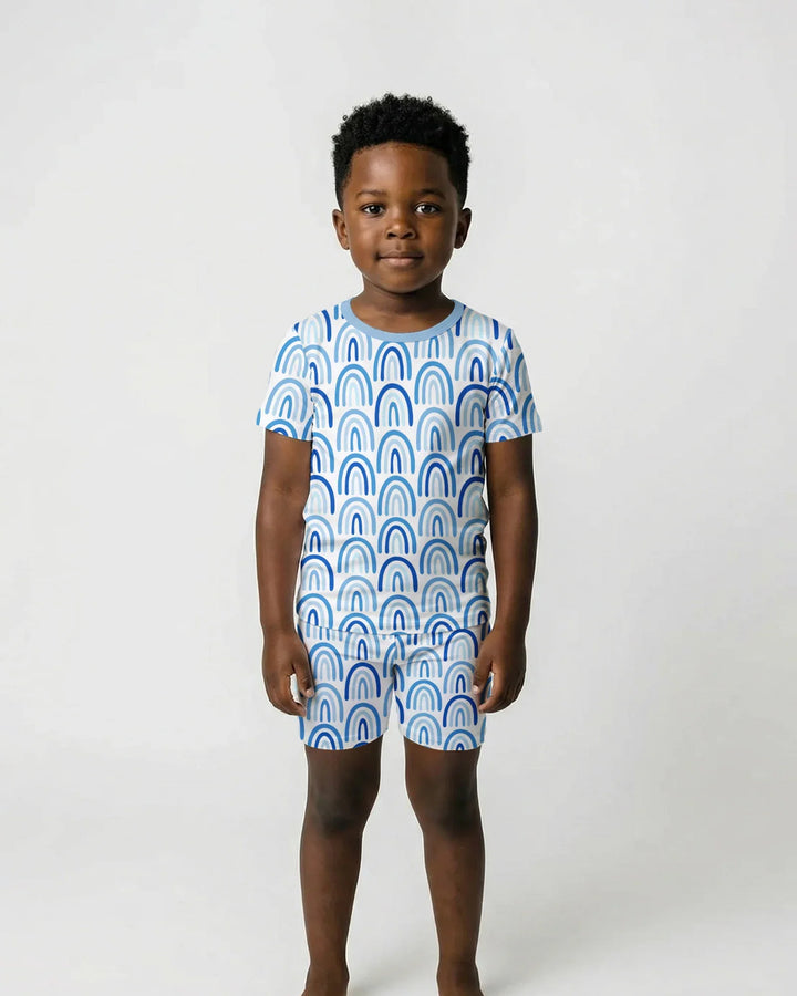 Sky Blue Rainbows Bamboo Two Piece Short Sleeve Shorts Pajama Set