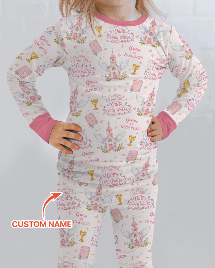 Custom Name Baptism Christening Straight Outta Holy Water Bamboo Two Piece Long Sleeve Pajama Set