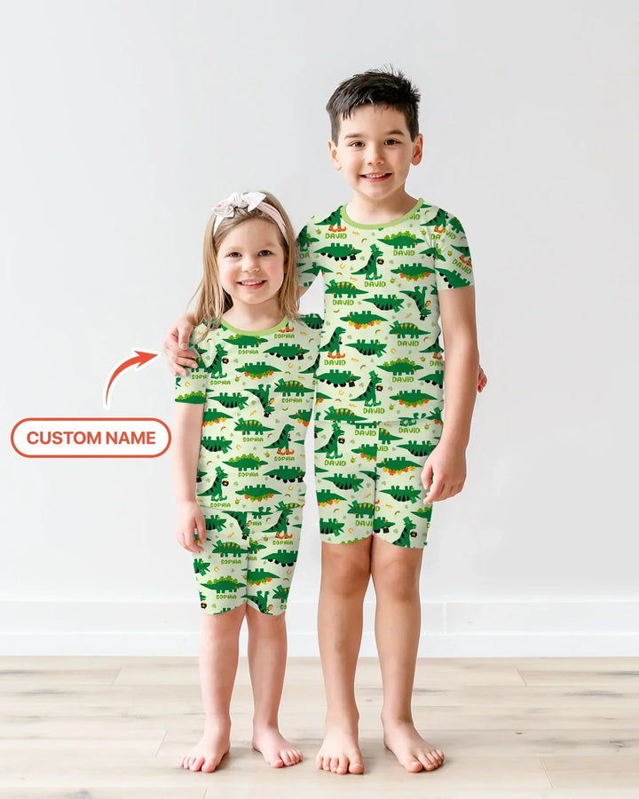 St. Patrick's Day Dinosaurs Custom Bamboo Two Piece Short Sleeve Shorts Pajama Set