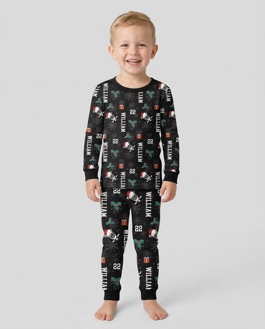 Custom Name Hockey Holiday Bamboo Two Piece Long Sleeve Pajama Set