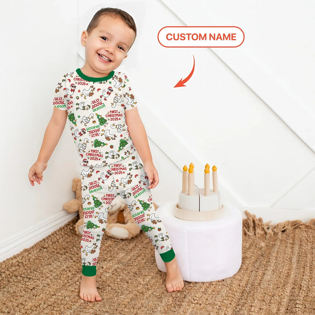 Custom Name "Silly Goose" Two Piece Short Sleeve Pajama Set (Green) , Custom Name "Silly Goose" Two Piece Short Sleeve Pajama Set (Green) - 12-18M