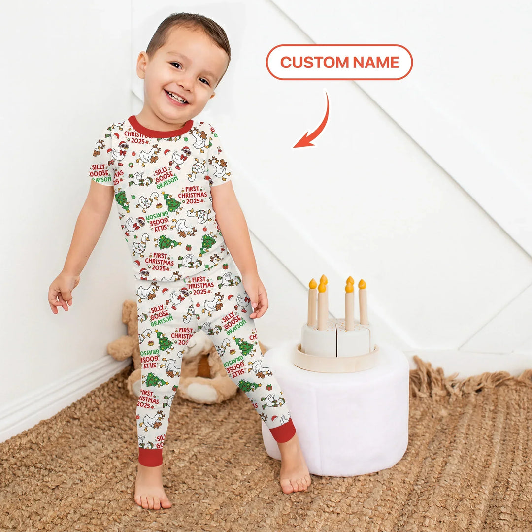 Custom Name "Silly Goose" Two Piece Short Sleeve Pajama Set (Red) , Custom Name "Silly Goose" Two Piece Short Sleeve Pajama Set (Red) - 12-18M
