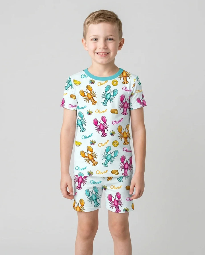 Custom Name Crawfish Crew Bamboo Two Piece Short Sleeve Shorts Pajama Set