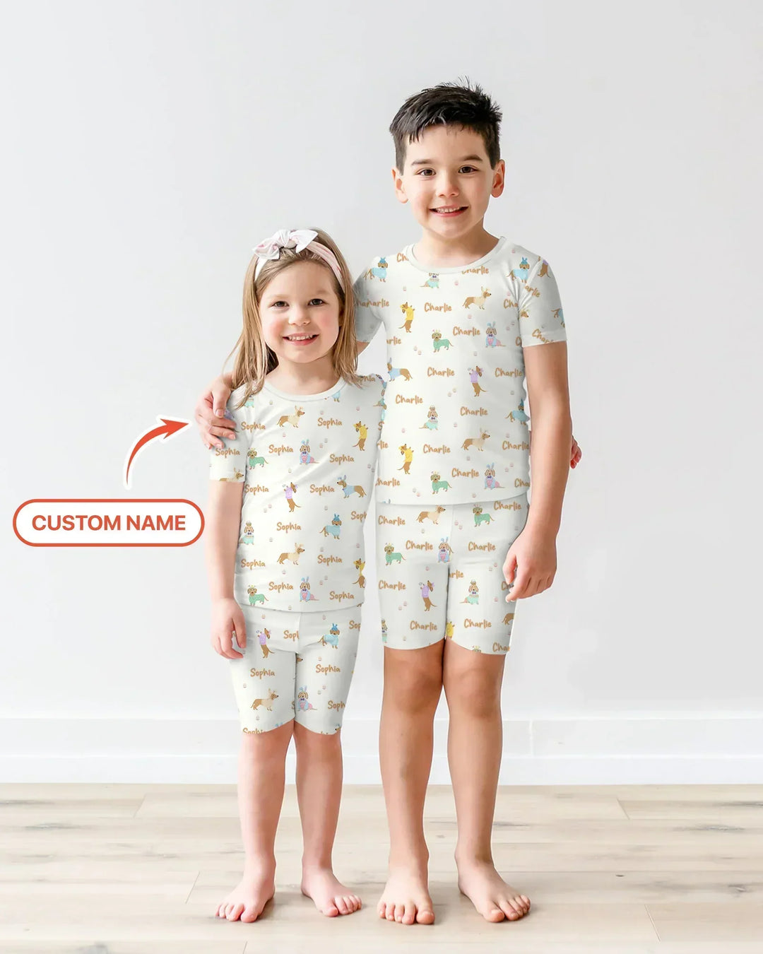 Custom Name Easter Dachshund Bamboo Two Piece Short Sleeve Shorts Pajama Set