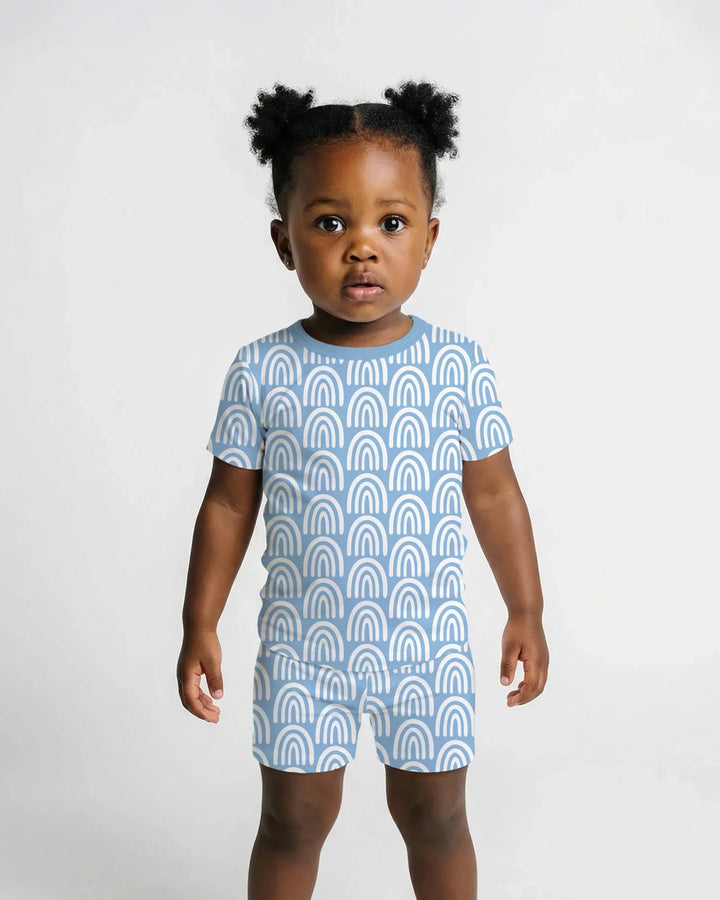 Sky Blue Rainbows Bamboo Two Piece Short Sleeve Shorts Pajama Set