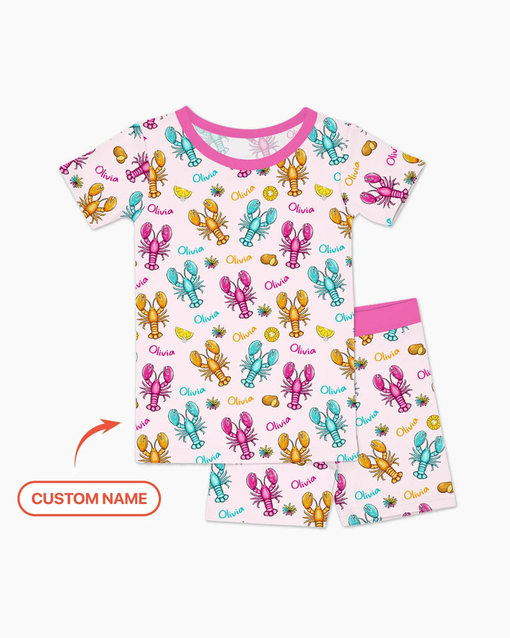 Custom Name Crawfish Crew Bamboo Two Piece Short Sleeve Shorts Pajama Set