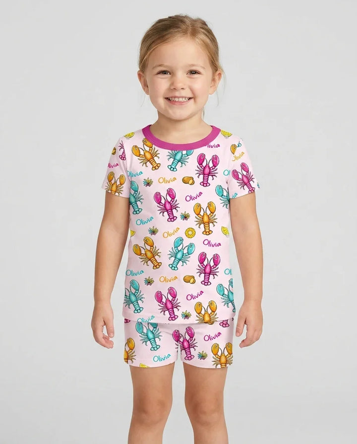 Custom Name Crawfish Crew Bamboo Two Piece Short Sleeve Shorts Pajama Set
