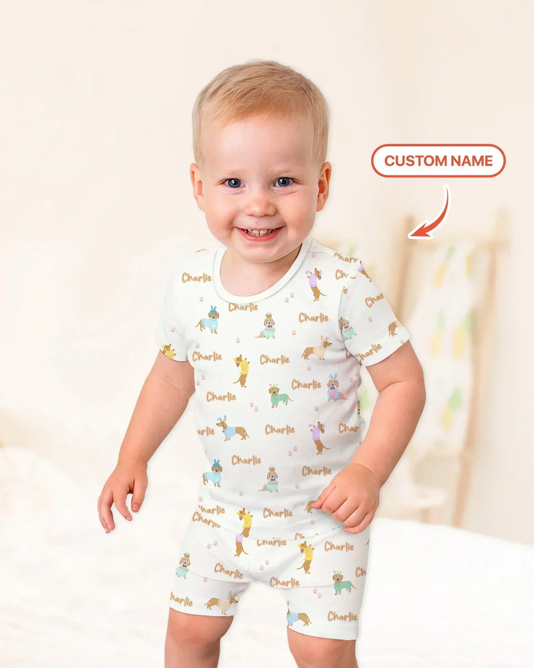 Custom Name Easter Dachshund Bamboo Two Piece Short Sleeve Shorts Pajama Set