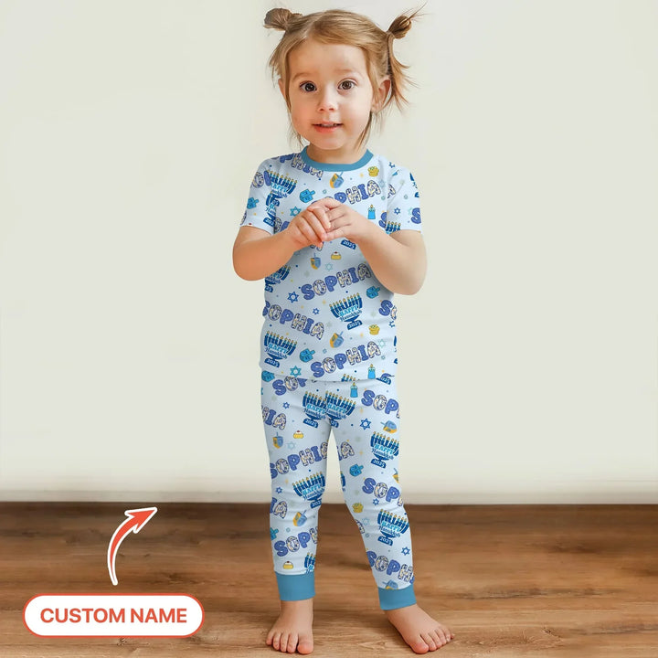 Custom name Happy Hanukkah 2025 Bamboo Two Piece Short Sleeve Pajama Set