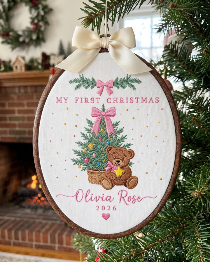 My First Christmas Teddy Embroidered Custom Hoop