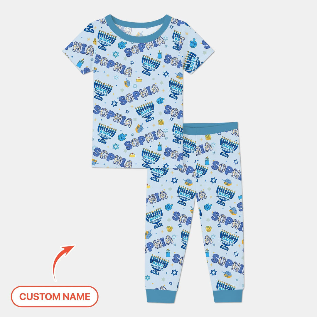 Custom name Happy Hanukkah 2025 Bamboo Two Piece Short Sleeve Pajama Set