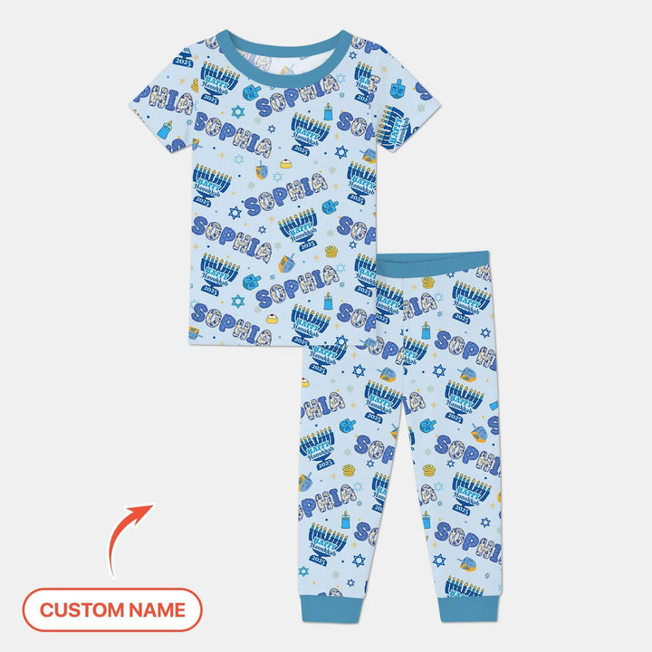 Custom name Happy Hanukkah 2025 Bamboo Two Piece Short Sleeve Pajama Set