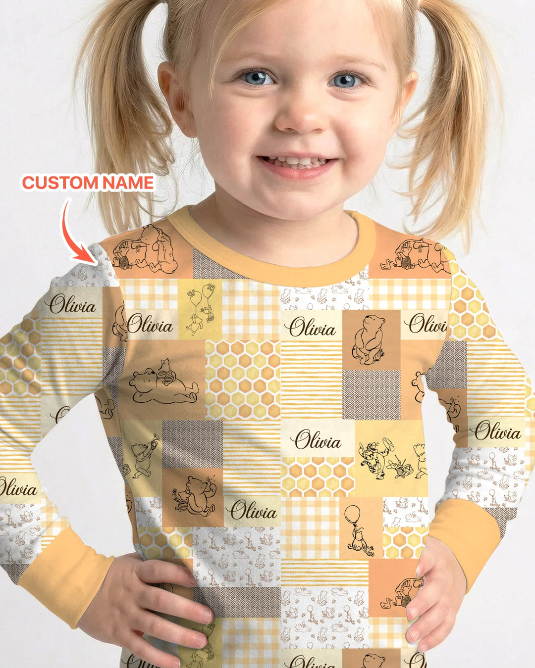 Personalized Classic Bear Patchwork  Bamboo Two Piece Long Sleeve Pajama Set