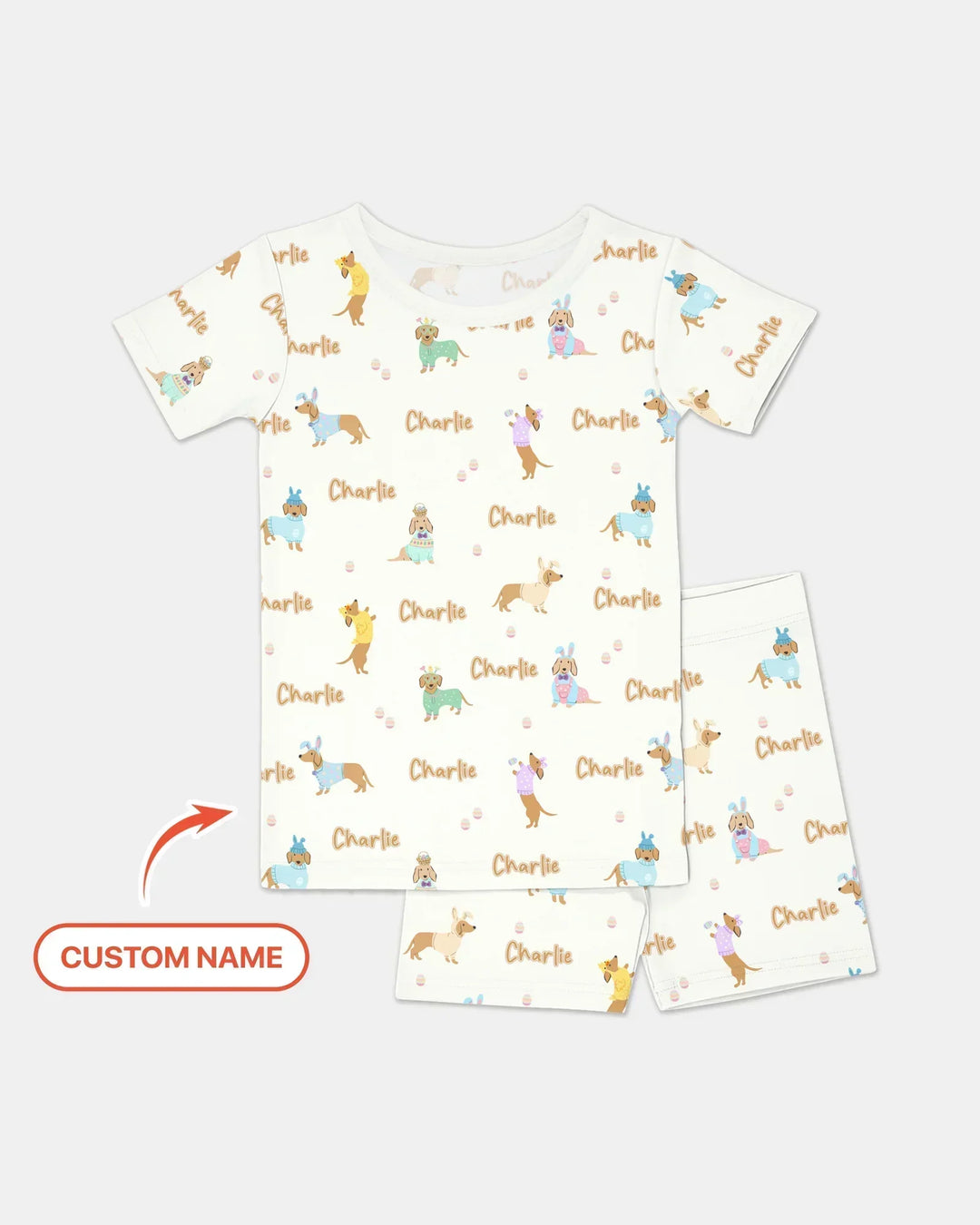 Custom Name Easter Dachshund Bamboo Two Piece Short Sleeve Shorts Pajama Set