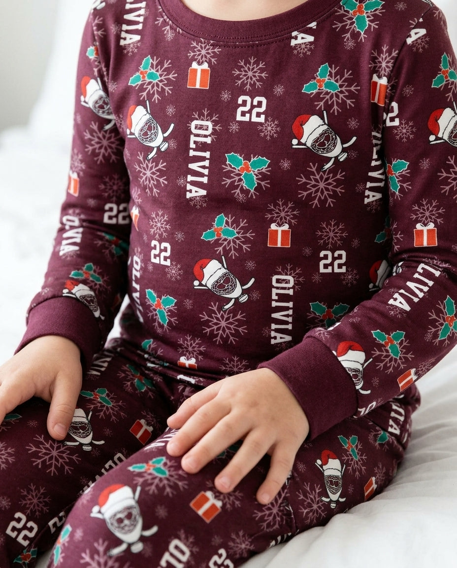 Custom Name Hockey Holiday Bamboo Two Piece Long Sleeve Pajama Set