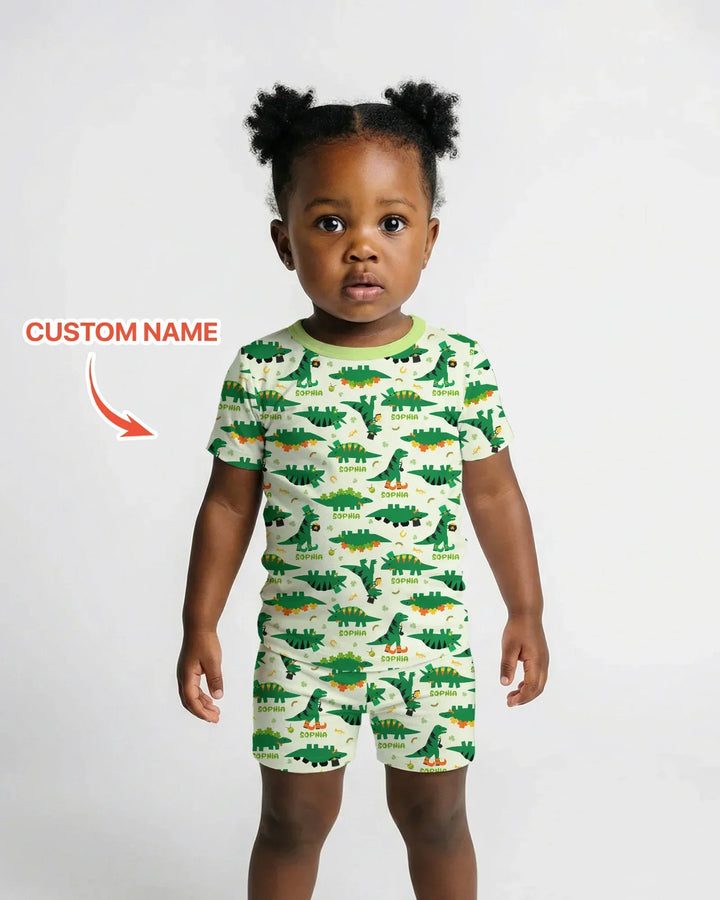 St. Patrick's Day Dinosaurs Custom Bamboo Two Piece Short Sleeve Shorts Pajama Set