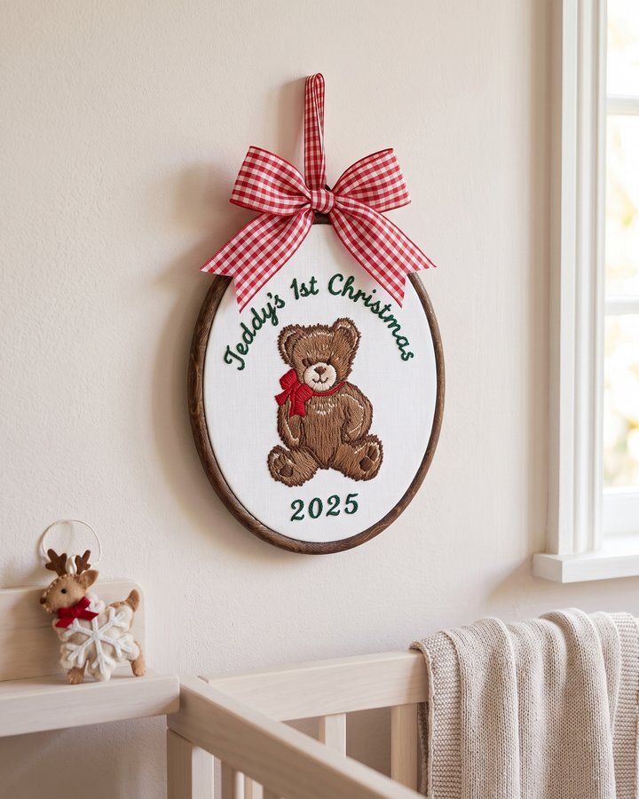 Cozy Christmas Bear Embroidered Custom Hoop