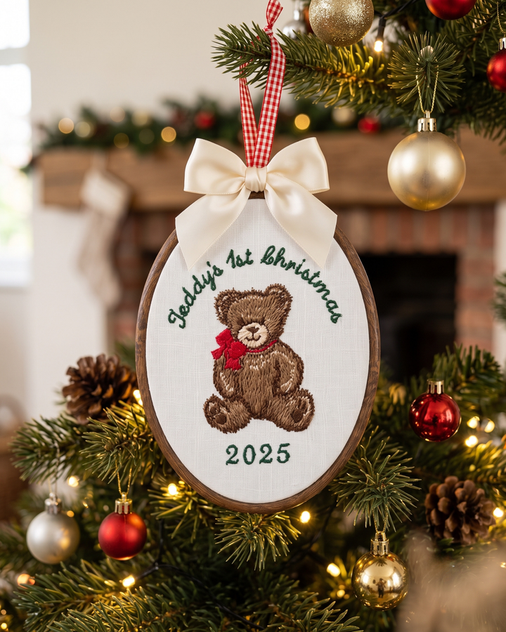 Cozy Christmas Bear Embroidered Custom Hoop