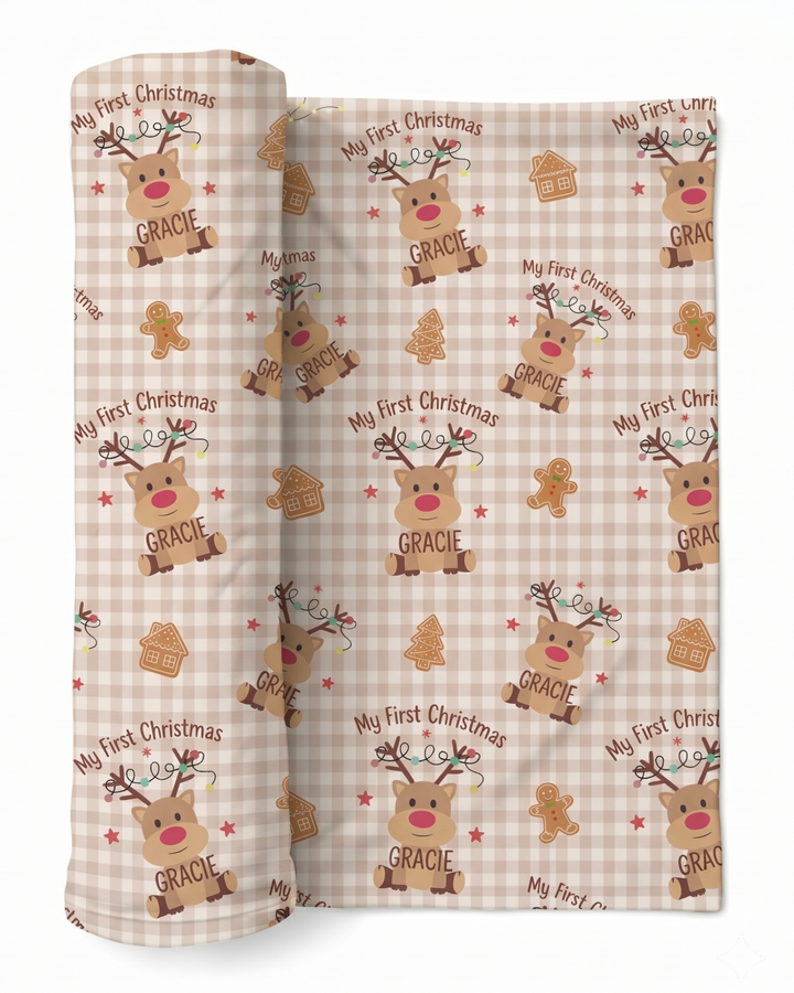 First Christmas Reindeer Bamboo Swaddle Blanket