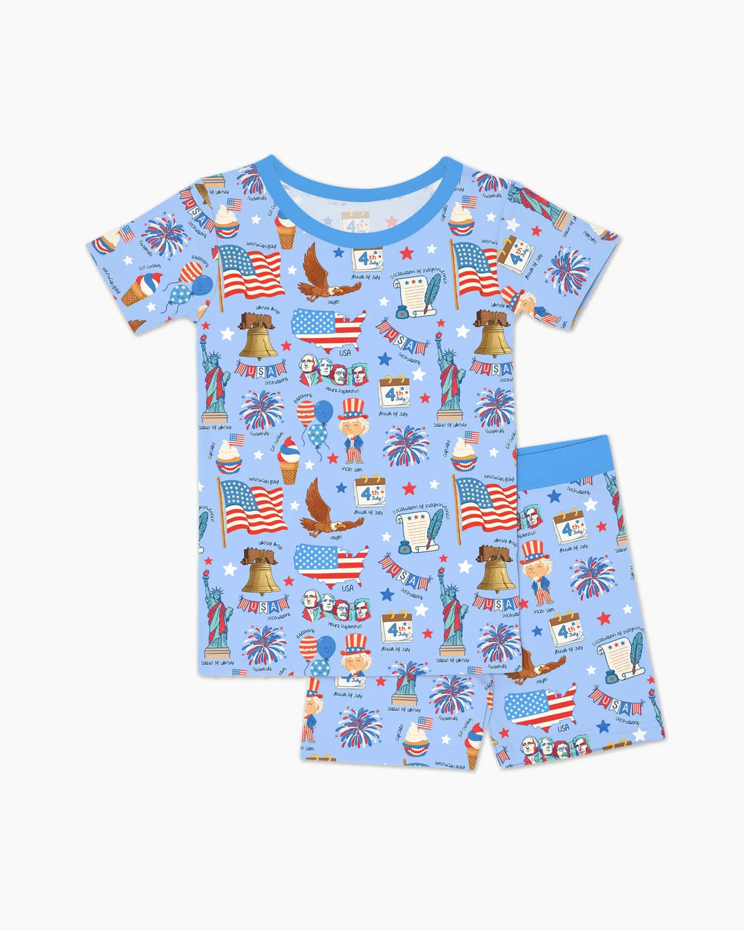 Hand Drawn Patriotic Iconic Bamboo Two Piece Short Sleeve Shorts Pajama Set