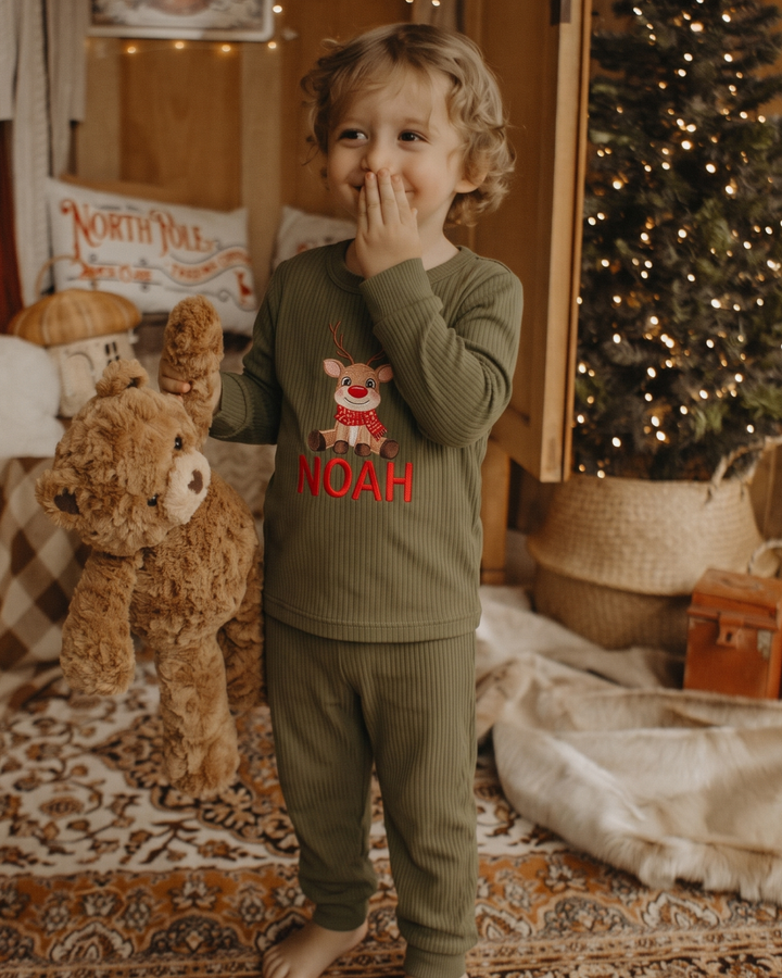 Reindeer Embroidered Ribbed Bamboo Two Piece Long Sleeve Pajama Set