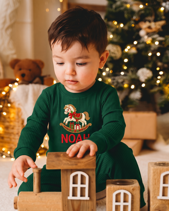Merry Rocking Horse Embroidered Ribbed Bamboo Two Piece Long Sleeve Pajama Set