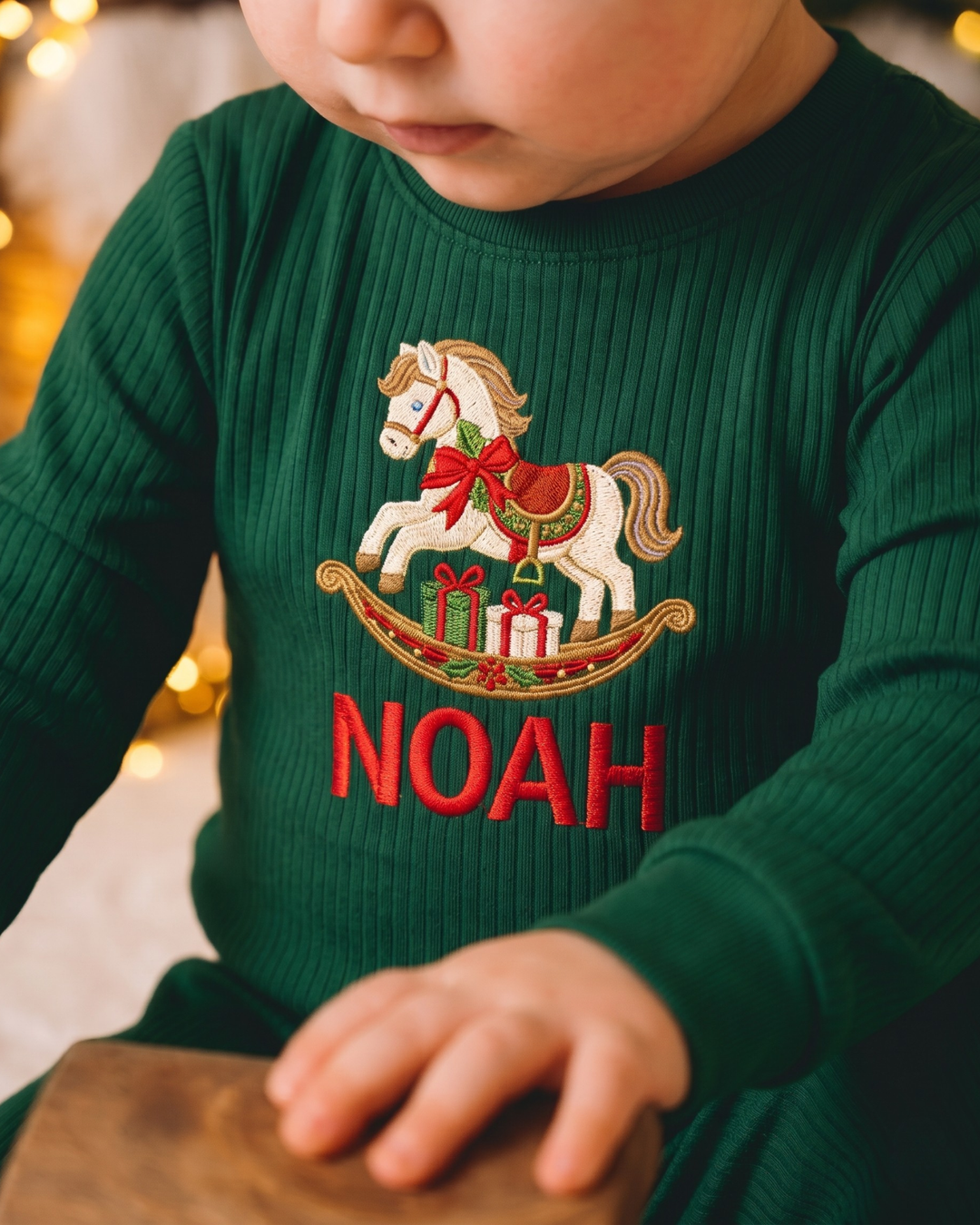 Merry Rocking Horse Embroidered Ribbed Bamboo Two Piece Long Sleeve Pajama Set