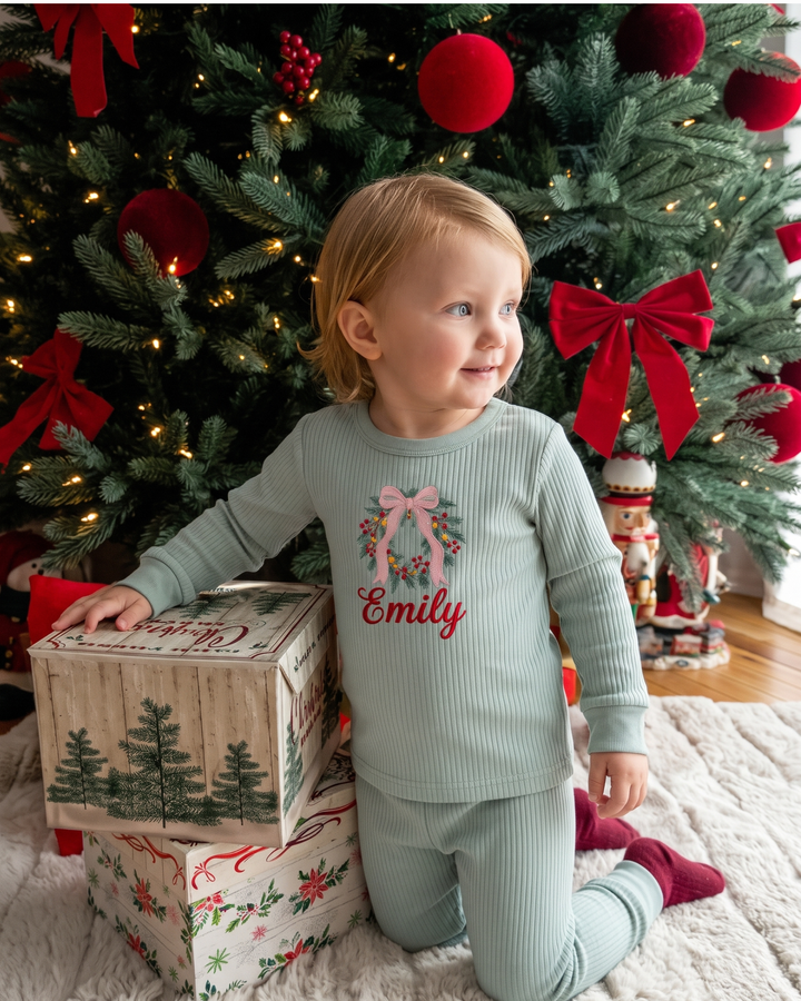 Merry Berry Wreath Embroidered Ribbed Bamboo Two Piece Long Sleeve Pajama Set