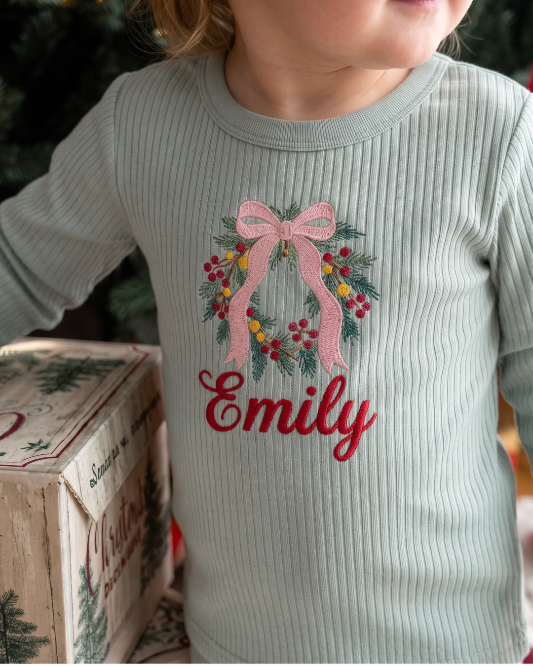 Merry Berry Wreath Embroidered Ribbed Bamboo Two Piece Long Sleeve Pajama Set