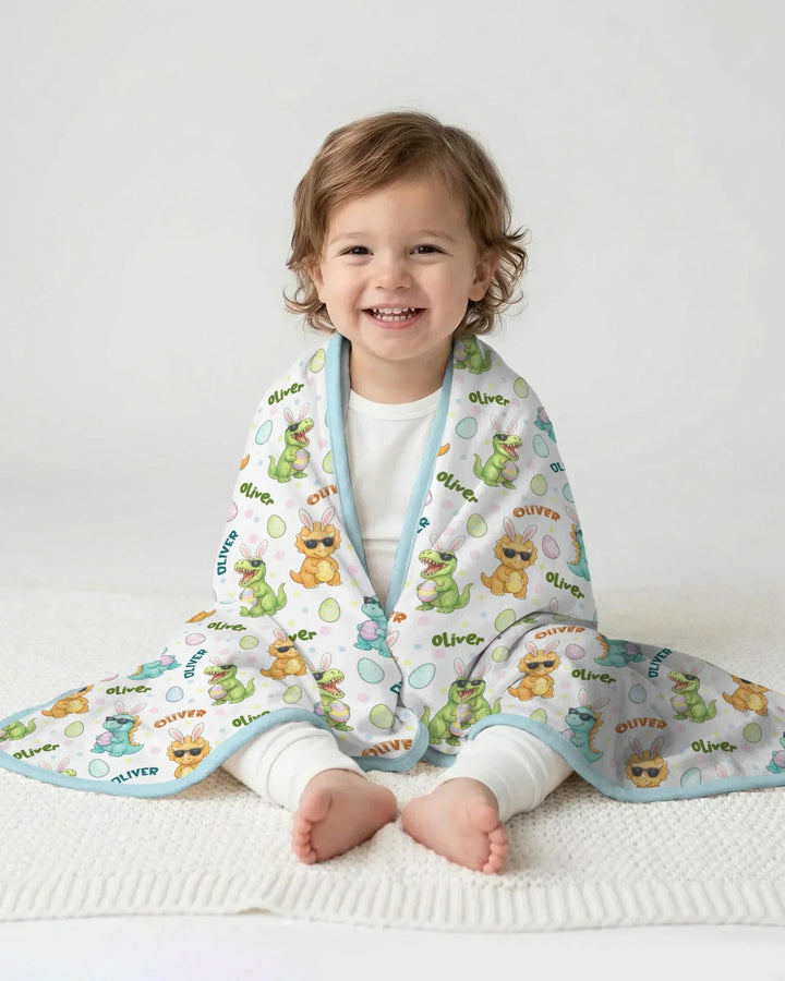 Custom Name Dinosaur on the Hunt Bamboo Blanket