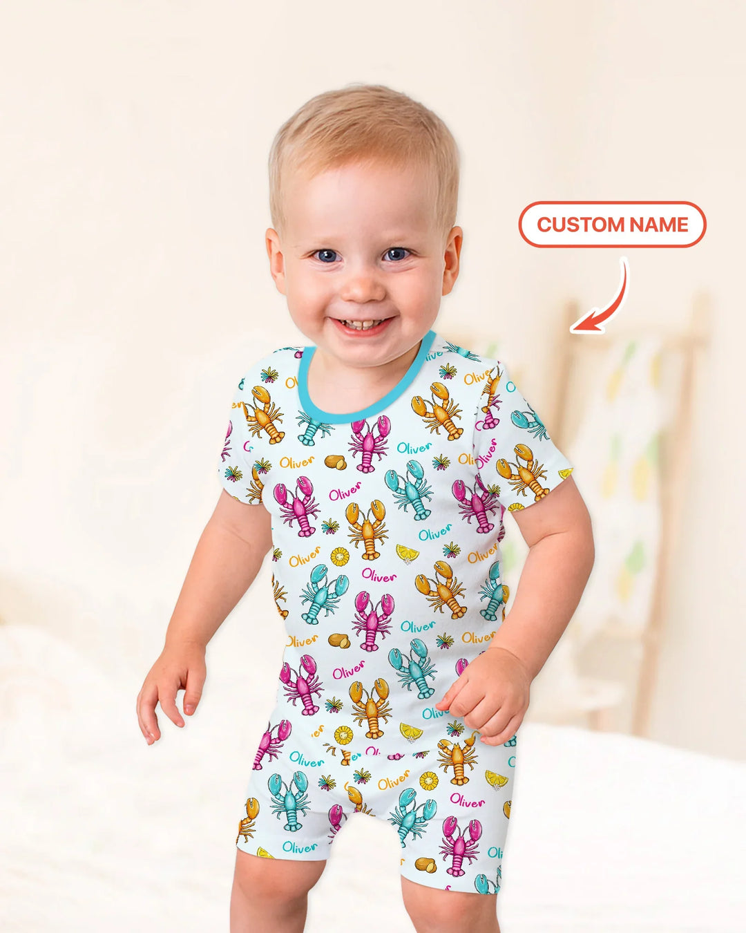 Custom Name Crawfish Crew Bamboo Two Piece Short Sleeve Shorts Pajama Set