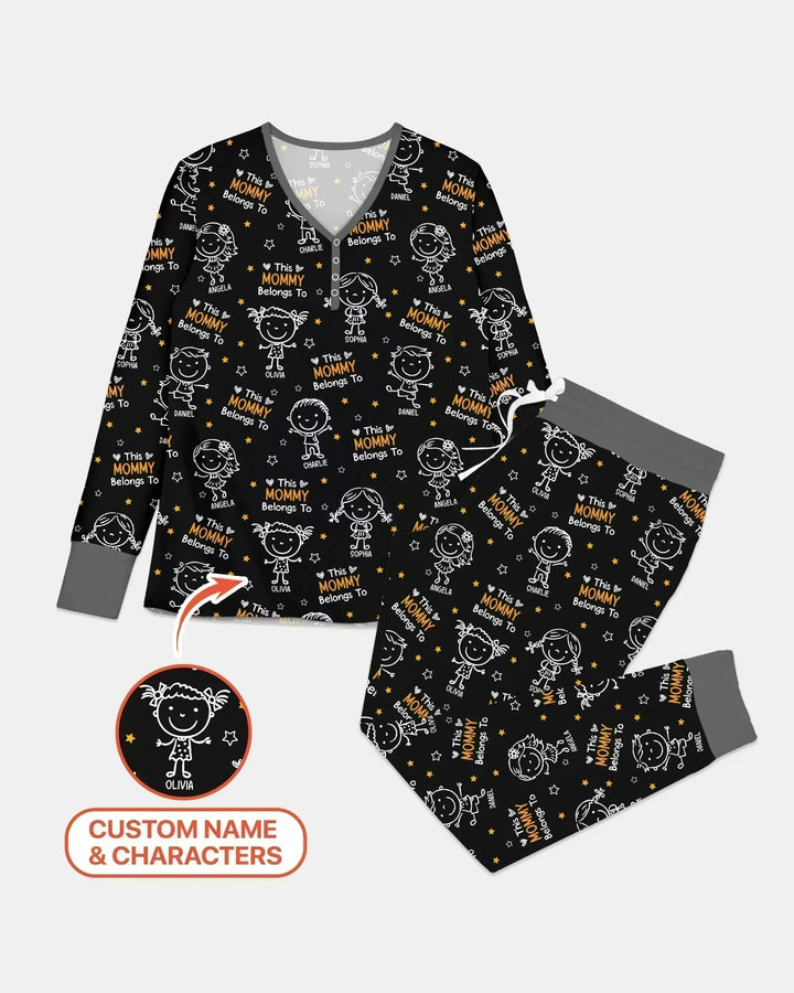 Personalisierter Name „Diese Mama gehört zu“ Doodle Bambus Damen Pyjama-Set