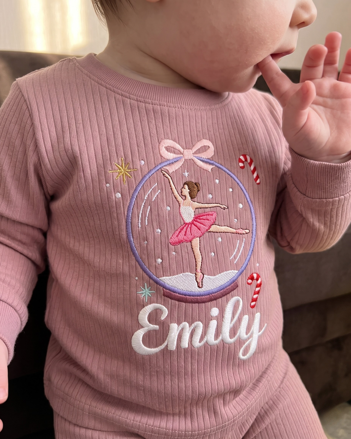 Holiday Ballet Dreams Embroidered Ribbed Bamboo Two Piece Long Sleeve Pajama Set
