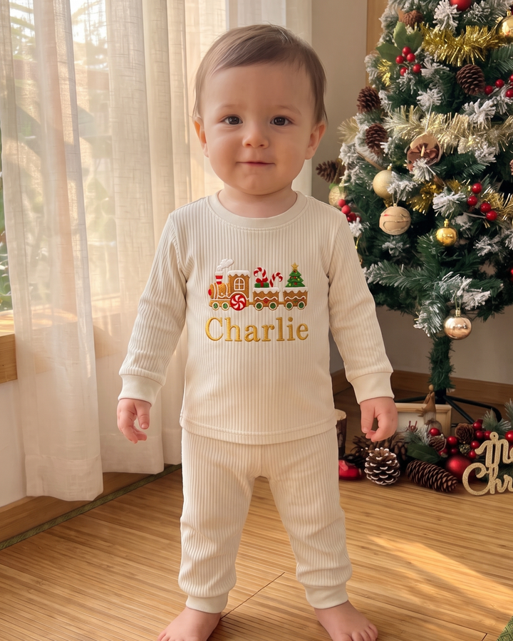 Gingerbread Train Embroidered Ribbed Bamboo Two Piece Long Sleeve Pajama Set