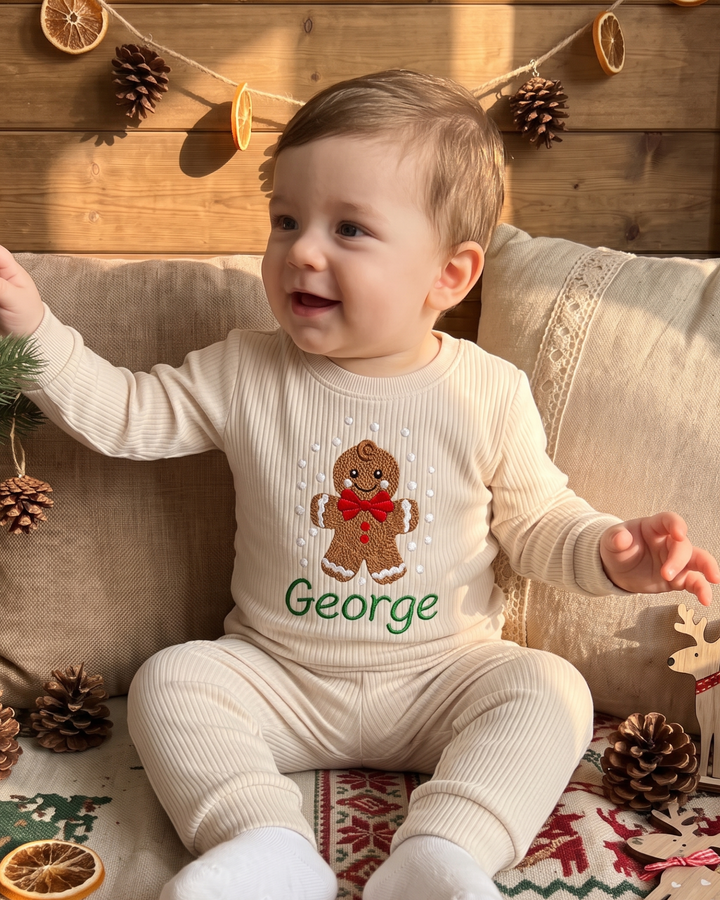 Christmas Gingerbread Man Embroidered Ribbed Bamboo Two Piece Long Sleeve Pajama Set
