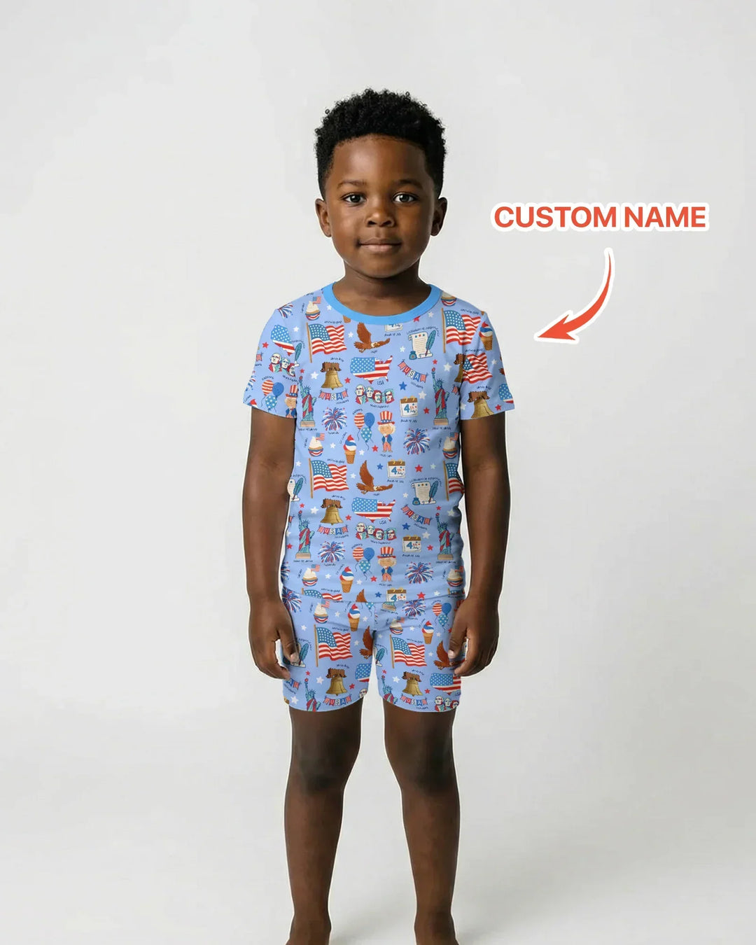 Hand Drawn Patriotic Iconic Bamboo Two Piece Short Sleeve Shorts Pajama Set