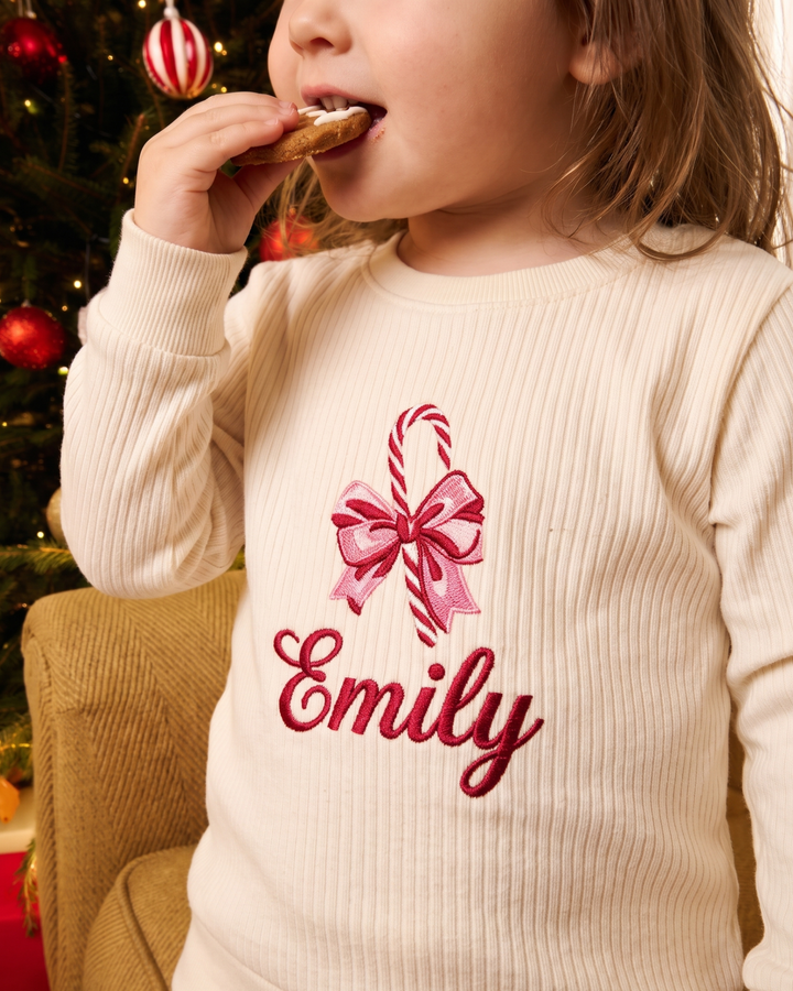 Sweet Candy Cane Embroidered Ribbed Bamboo Two Piece Long Sleeve Pajama Set