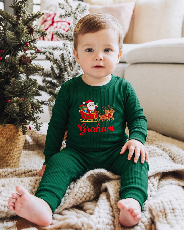 Santa’s Reindeer Sleigh Embroidered Ribbed Bamboo Two Piece Long Sleeve Pajama Set