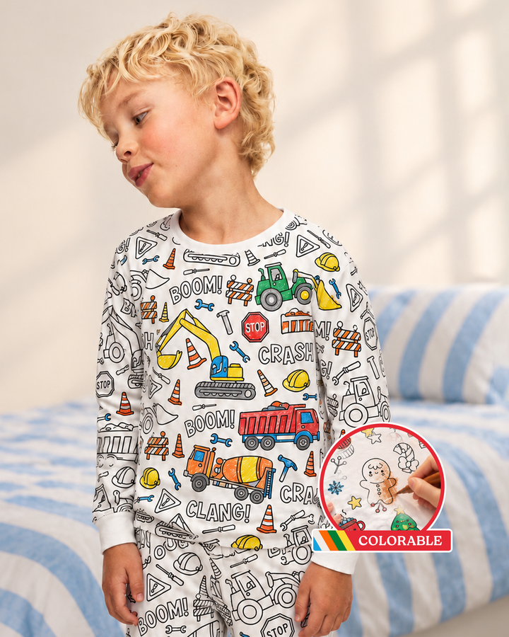 Baumwoll-Pyjama-Set (Zweiteiler) „Baustelle“ zum Ausmalen