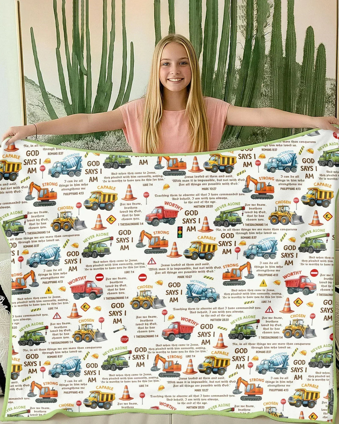 Bible Verse Construction Trucks Bamboo Blanket